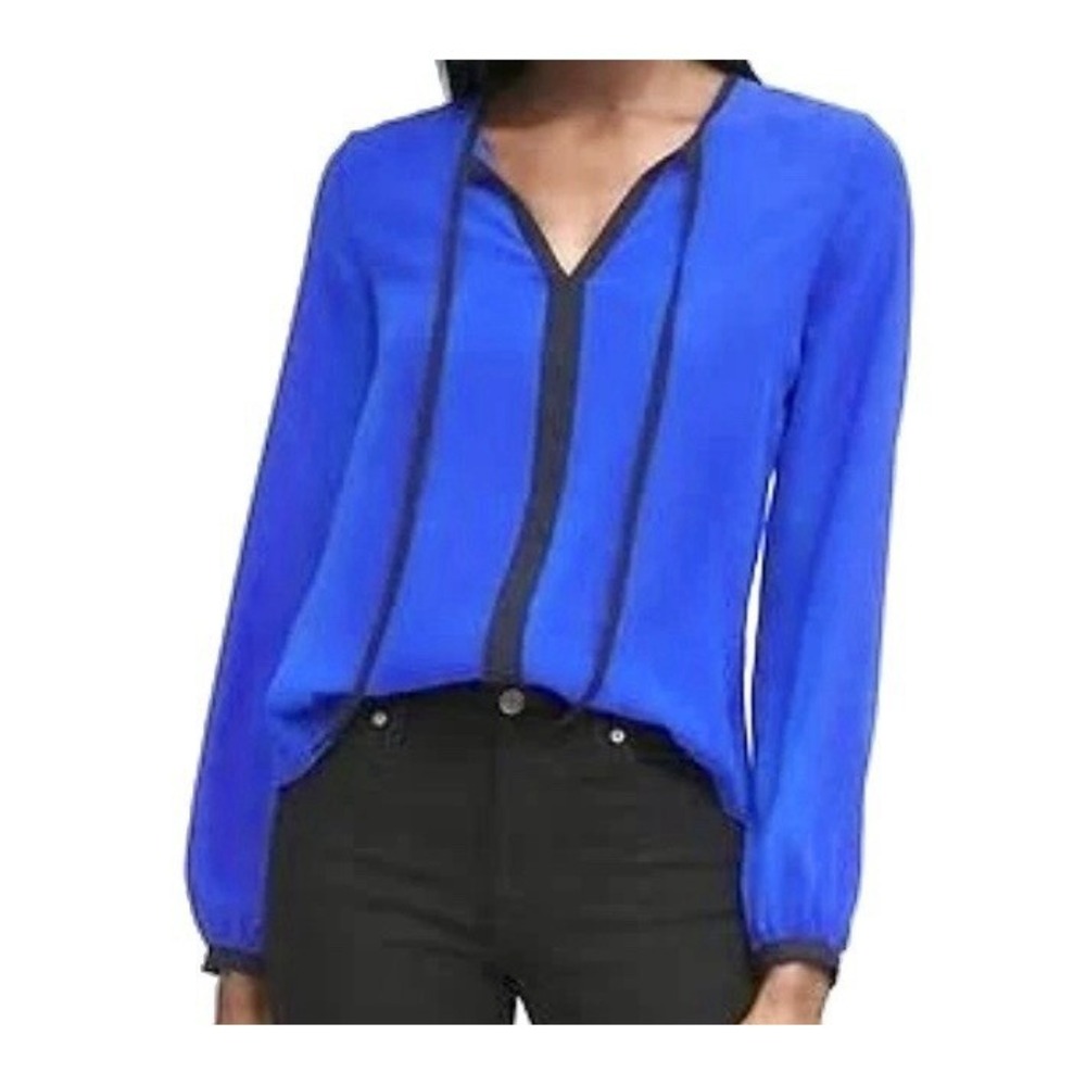 Banana Republic Blue w Black Trim Sz SP Blouse Tie Neck Career or Casual Upscale